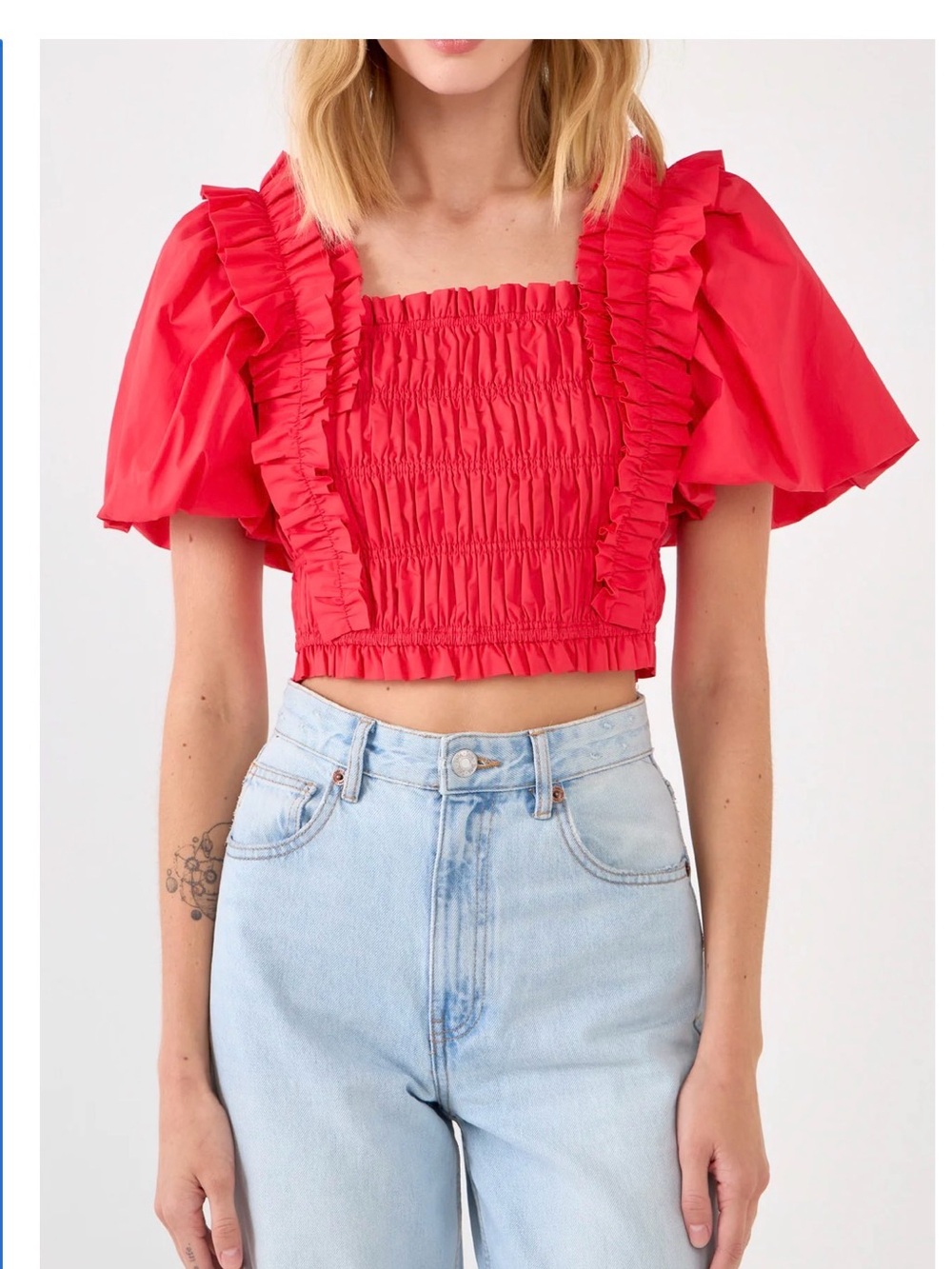 Women’s Red Ruffled Smocked Crop Top